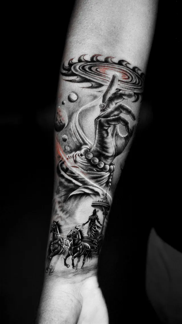 Krishna’s chariot, a forearm tattoo by Karan Sandhar