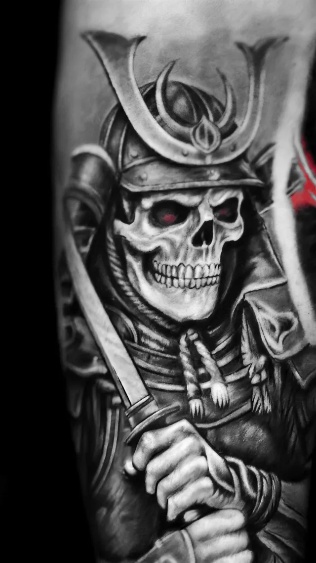 Skull samurai, a forearm tattoo by Karan Sandhar