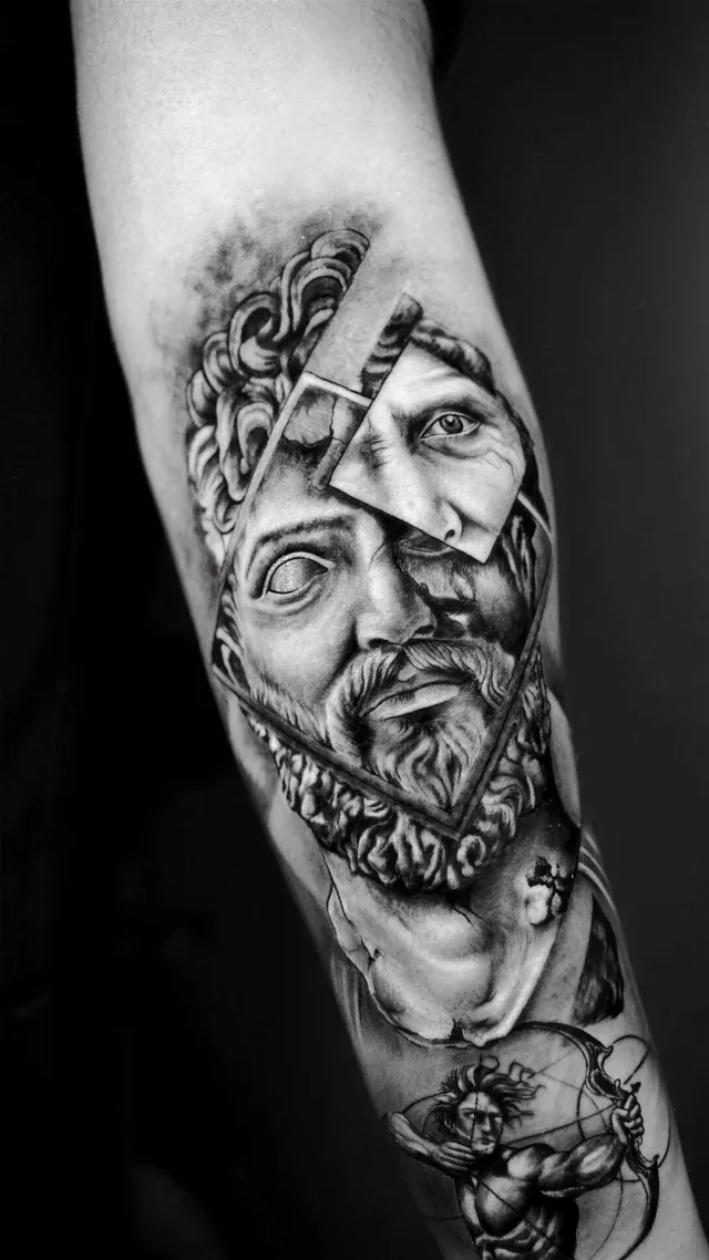 Shattered statue, a forearm tattoo by Karan Sandhar